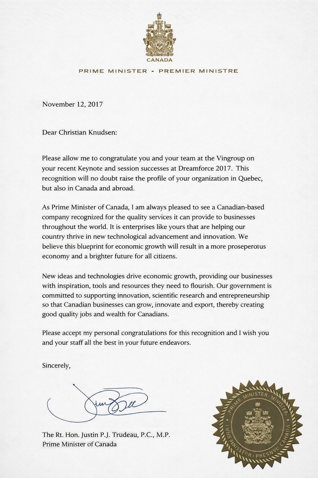 Letter from Prime Minister of Canada